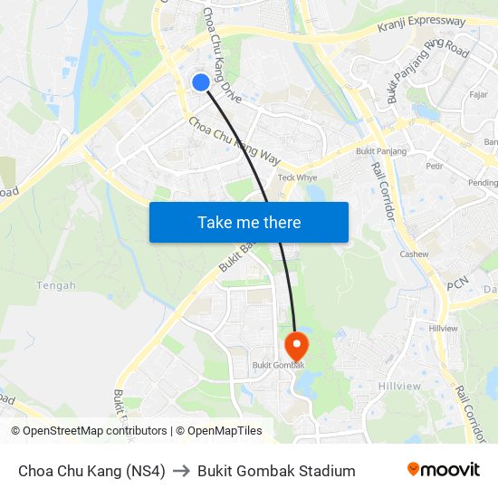 Choa Chu Kang (NS4) to Bukit Gombak Stadium map