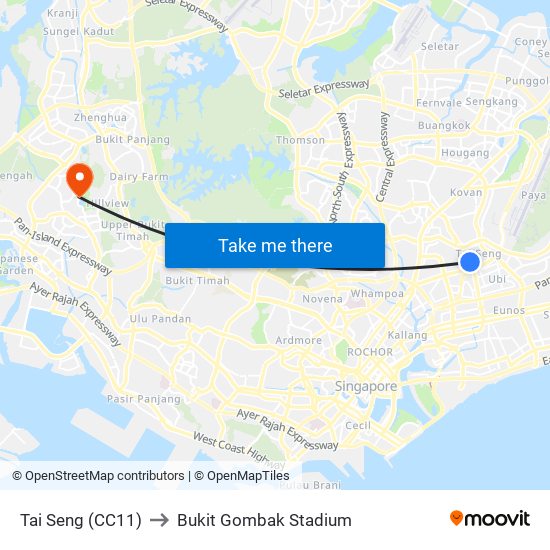 Tai Seng (CC11) to Bukit Gombak Stadium map