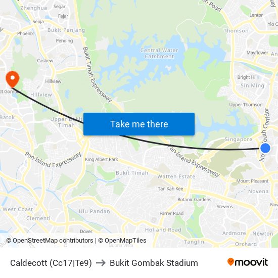 Caldecott (Cc17|Te9) to Bukit Gombak Stadium map