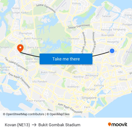 Kovan (NE13) to Bukit Gombak Stadium map