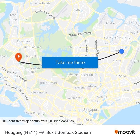 Hougang (NE14) to Bukit Gombak Stadium map