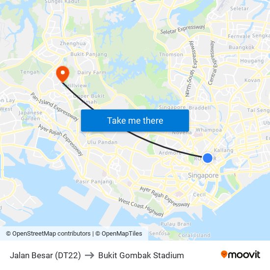 Jalan Besar (DT22) to Bukit Gombak Stadium map