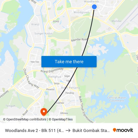 Woodlands Ave 2 - Blk 511 (46331) to Bukit Gombak Stadium map