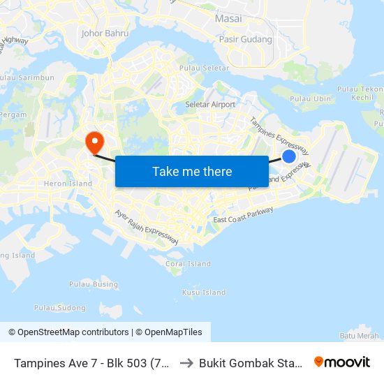 Tampines Ave 7 - Blk 503 (76199) to Bukit Gombak Stadium map
