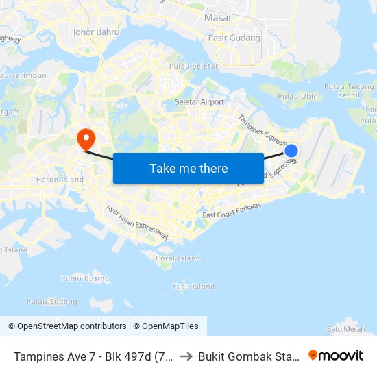 Tampines Ave 7 - Blk 497d (76241) to Bukit Gombak Stadium map