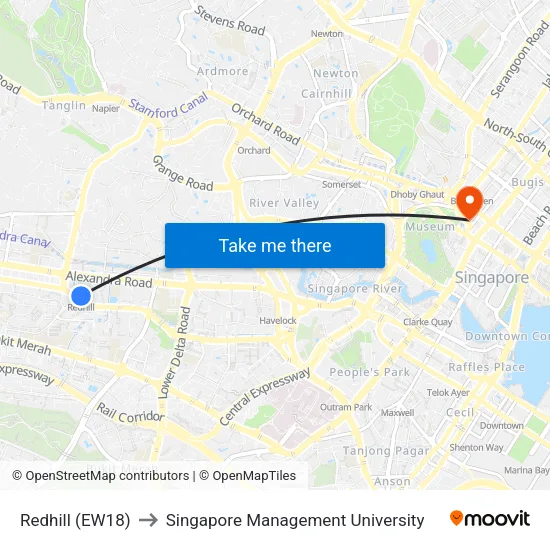 Redhill (EW18) to Singapore Management University map