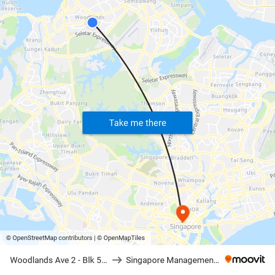 Woodlands Ave 2 - Blk 511 (46331) to Singapore Management University map