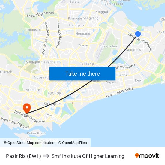 Pasir Ris (EW1) to Smf Institute Of Higher Learning map