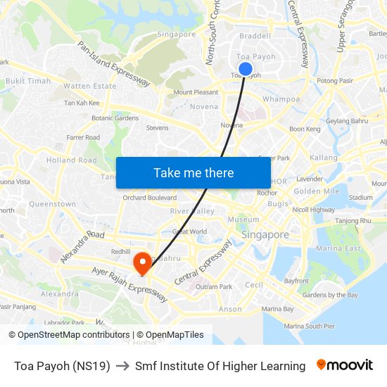 Toa Payoh (NS19) to Smf Institute Of Higher Learning map