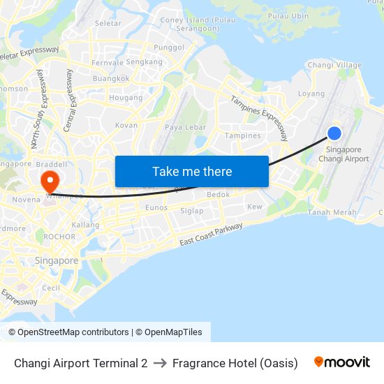 Changi Airport Terminal 2 to Fragrance Hotel (Oasis) map