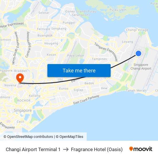 Changi Airport Terminal 1 to Fragrance Hotel (Oasis) map