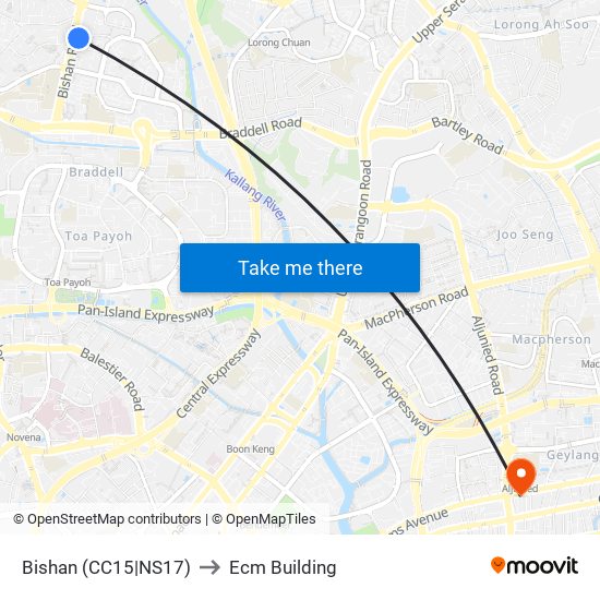 Bishan (CC15|NS17) to Ecm Building map