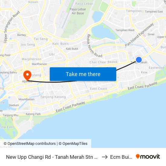 New Upp Changi Rd - Tanah Merah Stn Exit A (85099) to Ecm Building map