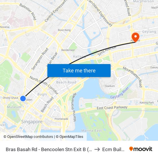 Bras Basah Rd - Bencoolen Stn Exit B (08069) to Ecm Building map