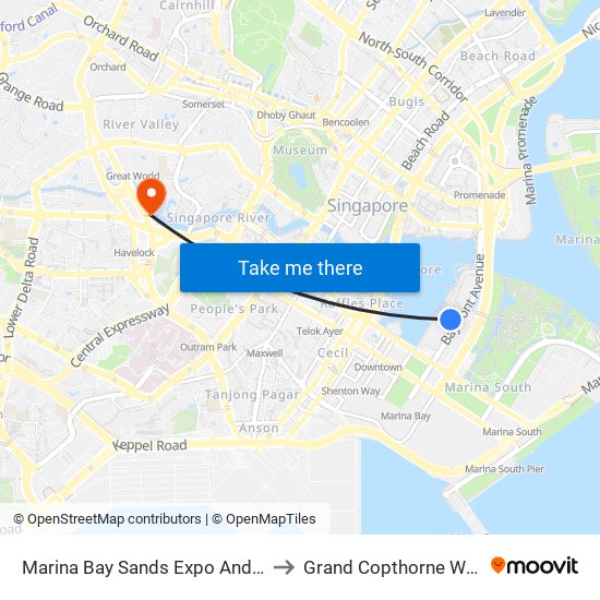 Marina Bay Sands Expo And Convention Centre to Grand Copthorne Waterfront Hotel map