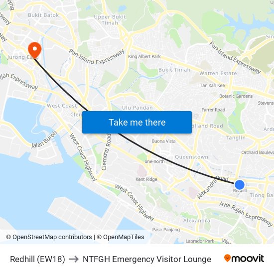 Redhill (EW18) to NTFGH Emergency Visitor Lounge map