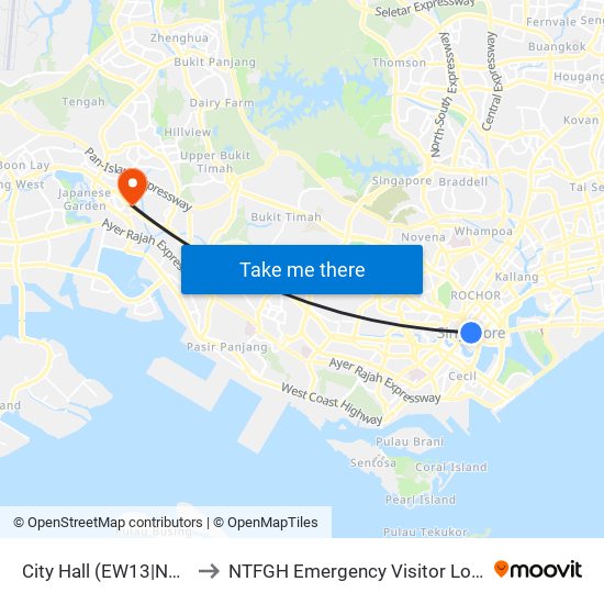 City Hall (EW13|NS25) to NTFGH Emergency Visitor Lounge map