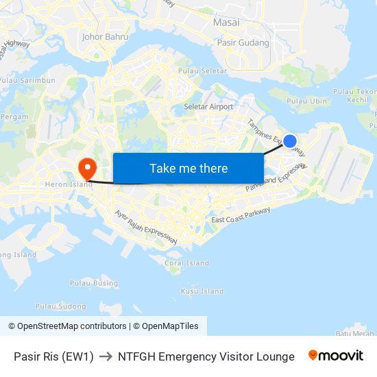 Pasir Ris (EW1) to NTFGH Emergency Visitor Lounge map