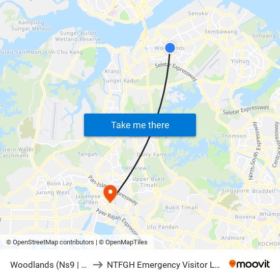 Woodlands (Ns9 | Te2) to NTFGH Emergency Visitor Lounge map