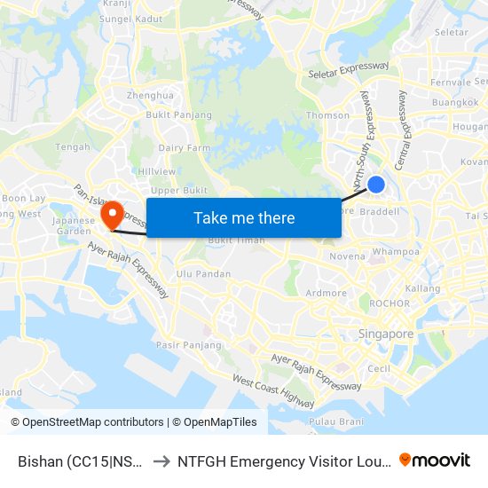 Bishan (CC15|NS17) to NTFGH Emergency Visitor Lounge map