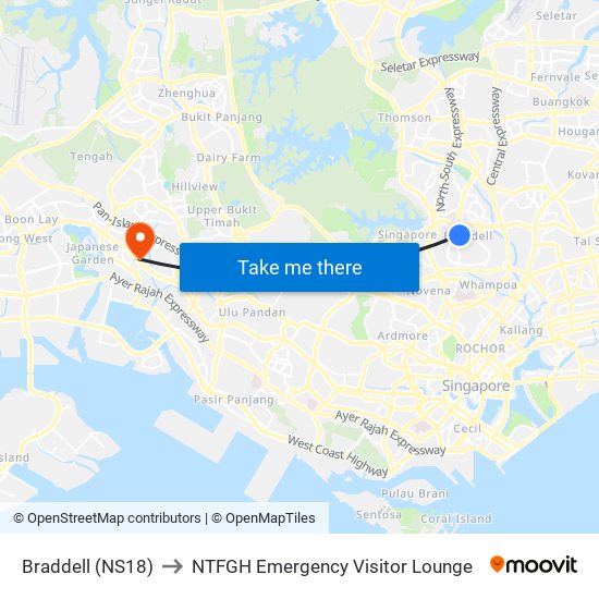 Braddell (NS18) to NTFGH Emergency Visitor Lounge map