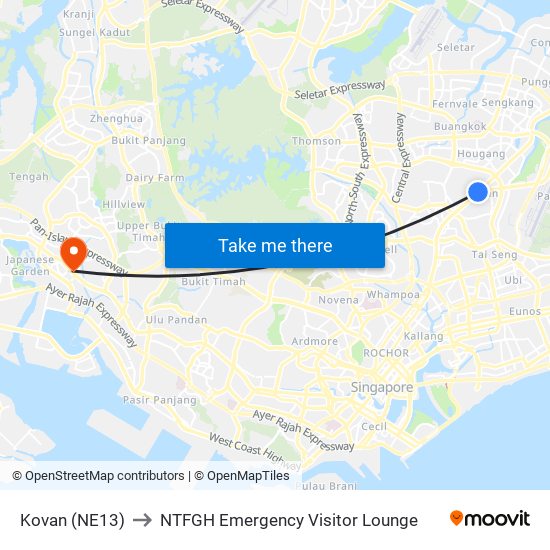 Kovan (NE13) to NTFGH Emergency Visitor Lounge map