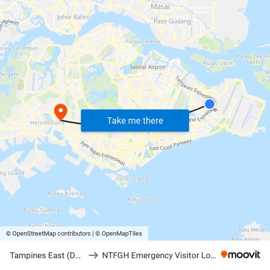 Tampines East (DT33) to NTFGH Emergency Visitor Lounge map