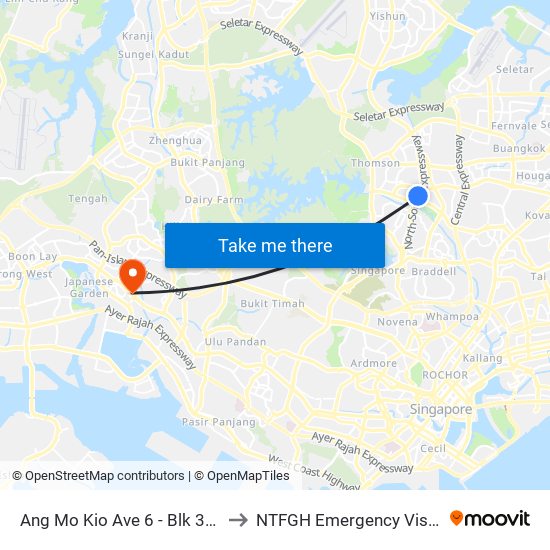 Ang Mo Kio Ave 6 - Blk 307a (54019) to NTFGH Emergency Visitor Lounge map