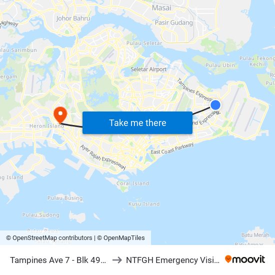 Tampines Ave 7 - Blk 497d (76241) to NTFGH Emergency Visitor Lounge map