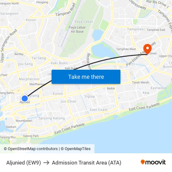 Aljunied (EW9) to Admission Transit Area (ATA) map