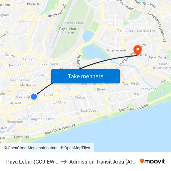 Paya Lebar (CC9|EW8) to Admission Transit Area (ATA) map