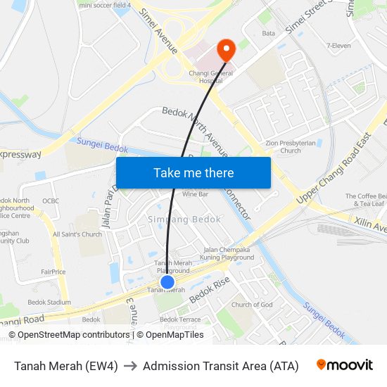 Tanah Merah (EW4) to Admission Transit Area (ATA) map