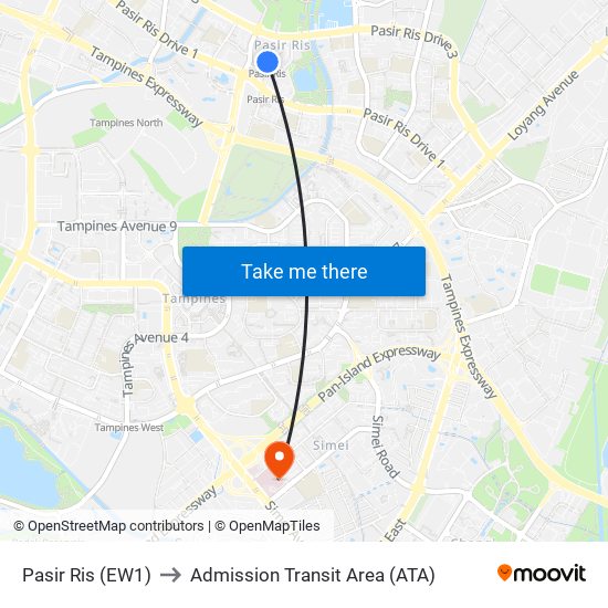 Pasir Ris (EW1) to Admission Transit Area (ATA) map