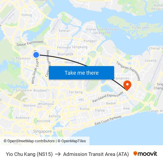 Yio Chu Kang (NS15) to Admission Transit Area (ATA) map