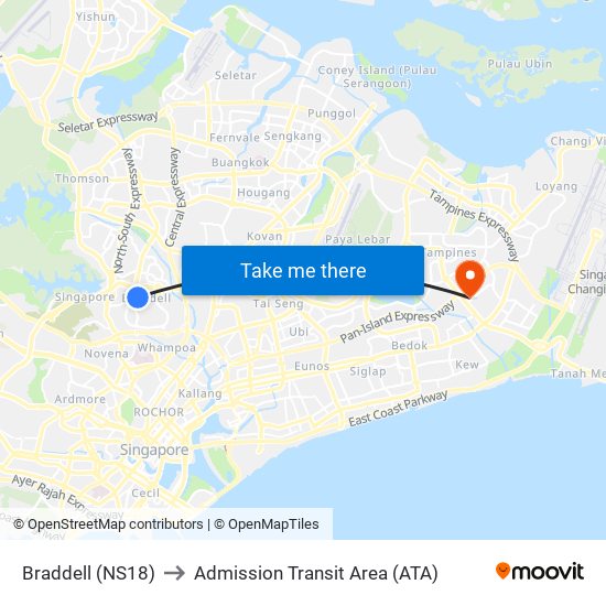 Braddell (NS18) to Admission Transit Area (ATA) map