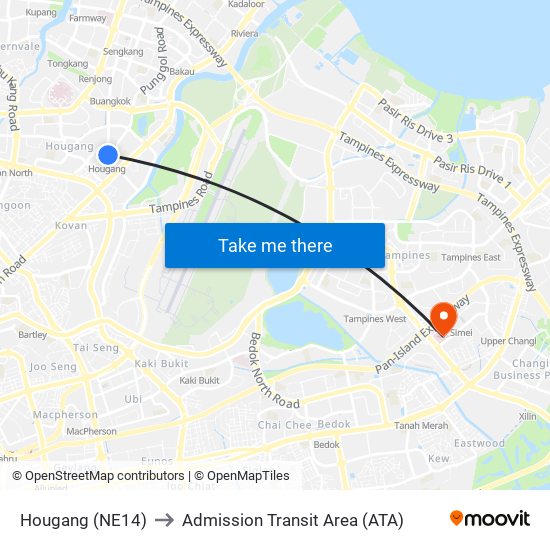 Hougang (NE14) to Admission Transit Area (ATA) map