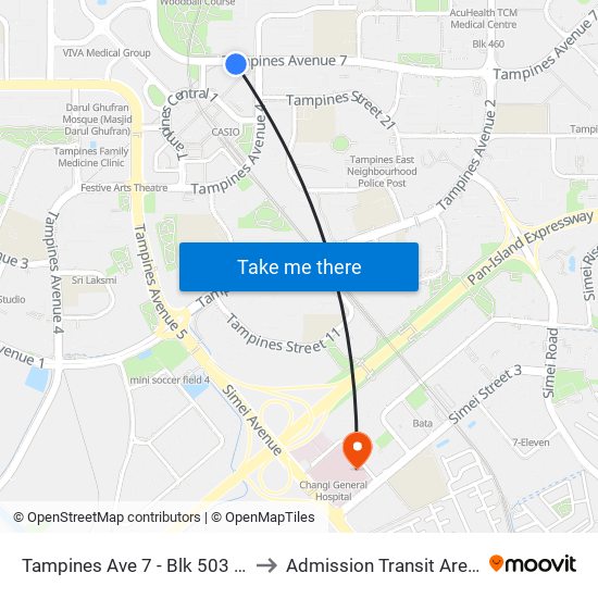 Tampines Ave 7 - Blk 503 (76199) to Admission Transit Area (ATA) map