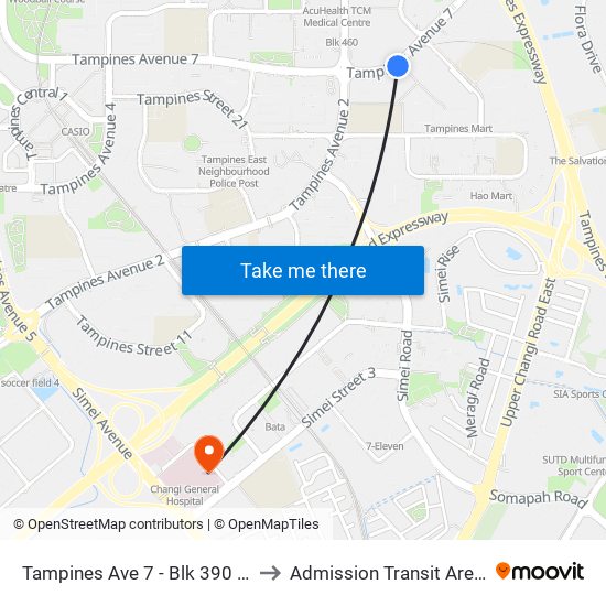 Tampines Ave 7 - Blk 390 (76239) to Admission Transit Area (ATA) map