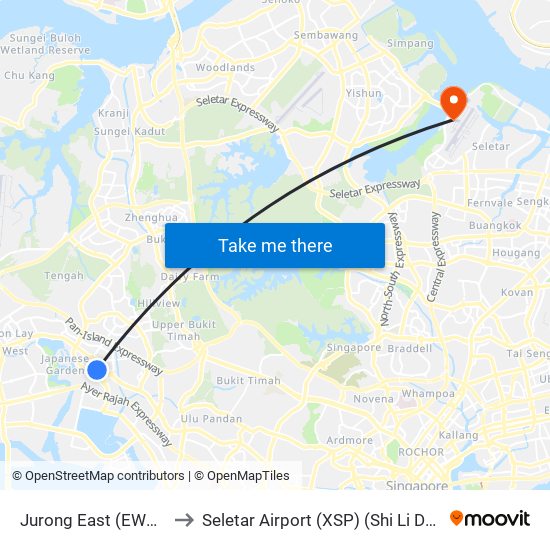 Jurong East (EW24|NS1) to Seletar Airport (XSP) (Shi Li Da Ji Chang) map