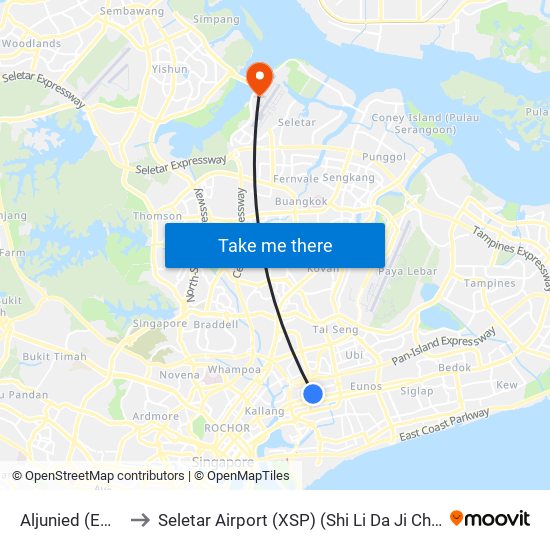 Aljunied (EW9) to Seletar Airport (XSP) (Shi Li Da Ji Chang) map