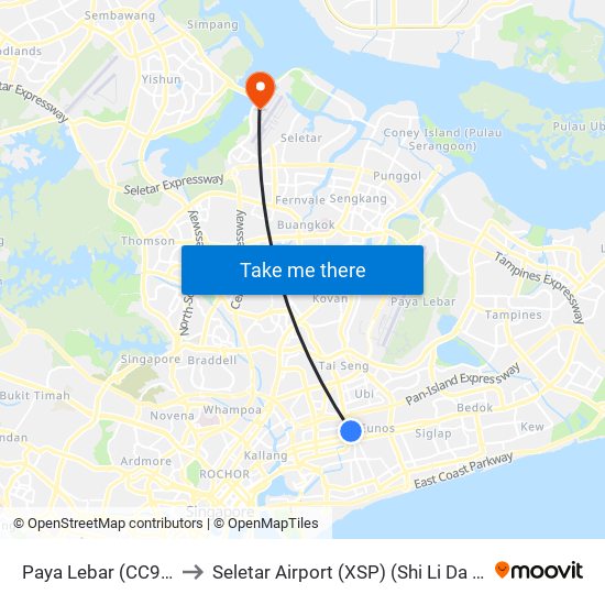 Paya Lebar (CC9|EW8) to Seletar Airport (XSP) (Shi Li Da Ji Chang) map