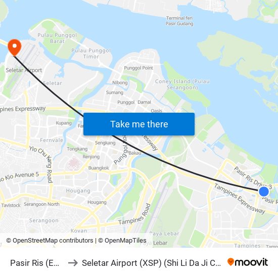 Pasir Ris (EW1) to Seletar Airport (XSP) (Shi Li Da Ji Chang) map