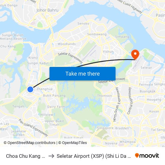 Choa Chu Kang (NS4) to Seletar Airport (XSP) (Shi Li Da Ji Chang) map