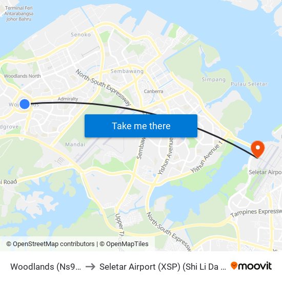 Woodlands (Ns9 | Te2) to Seletar Airport (XSP) (Shi Li Da Ji Chang) map