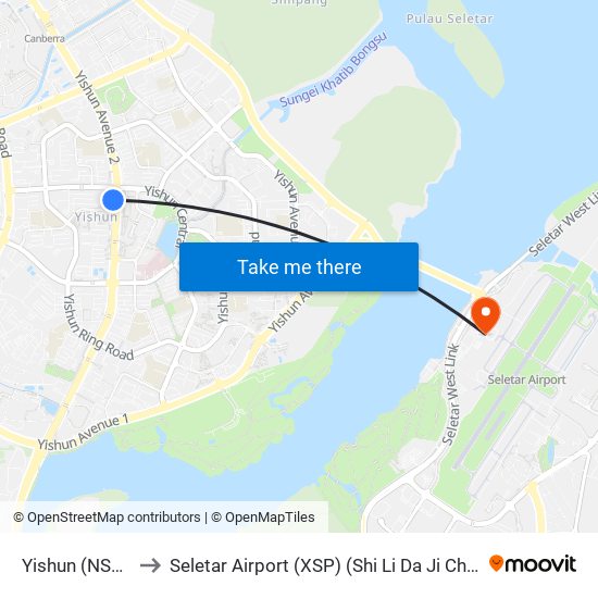 Yishun (NS13) to Seletar Airport (XSP) (Shi Li Da Ji Chang) map