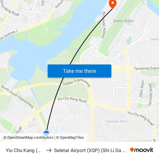 Yio Chu Kang (NS15) to Seletar Airport (XSP) (Shi Li Da Ji Chang) map