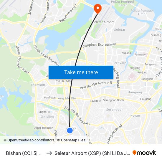 Bishan (CC15|NS17) to Seletar Airport (XSP) (Shi Li Da Ji Chang) map