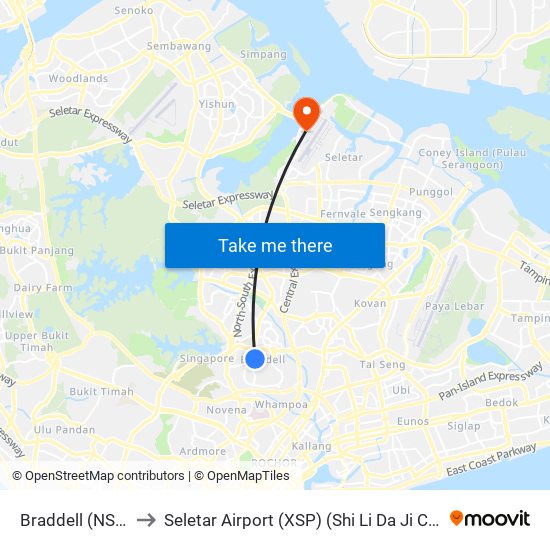 Braddell (NS18) to Seletar Airport (XSP) (Shi Li Da Ji Chang) map