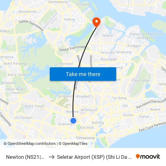 Newton (NS21|DT11) to Seletar Airport (XSP) (Shi Li Da Ji Chang) map