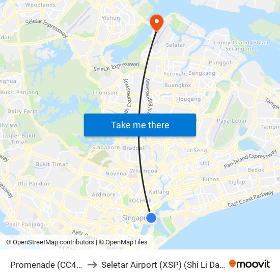 Promenade (CC4|DT15) to Seletar Airport (XSP) (Shi Li Da Ji Chang) map